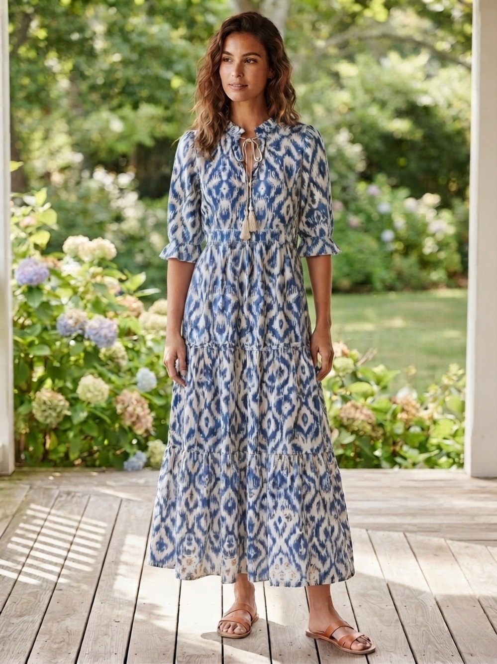 Blue Ikat Tiered Maxi Dress with Tassel Tie 3/4 Sleeves